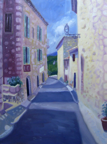 Painting titled "Village Street" by Mary Stubberfield, Original Artwork, Oil Mounted on Wood Stretcher frame