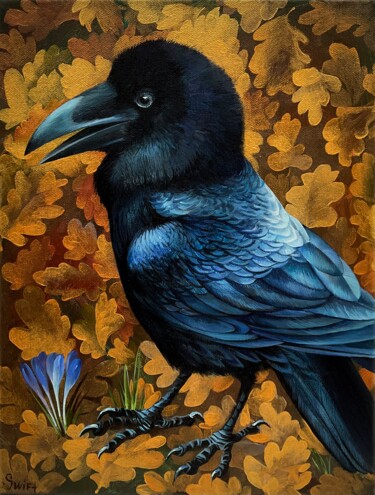 Malerei mit dem Titel "Rufus the Raven of…" von Mary Swift, Original-Kunstwerk, Acryl