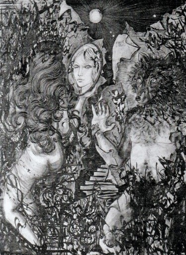 「La fiancée du Lycan…」というタイトルの描画 Maryfrance Dequidt-Mans (MANS.m)によって, オリジナルのアートワーク, インク ウッドパネルにマウント