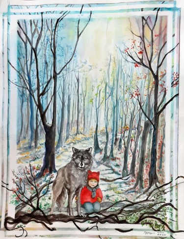 Painting titled "Le Chaperon Loup" by Maryfrance Dequidt-Mans (MANS.m), Original Artwork, Watercolor