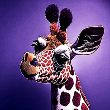 Digitale Kunst getiteld "Giraffe on a purple…" door Mary Gov, Origineel Kunstwerk, AI gegenereerde afbeelding