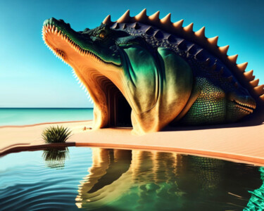 Digitale Kunst mit dem Titel ""Full Moon - Crocod…" von Mary Gov, Original-Kunstwerk, KI-generiertes Bild