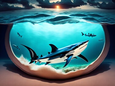Digitale Kunst getiteld "Sea shark stalks th…" door Mary Gov, Origineel Kunstwerk, AI gegenereerde afbeelding