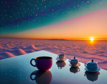 Digital Arts titled "Cup of tea at sunset" by Mary Gov, Original Artwork, Digital Painting