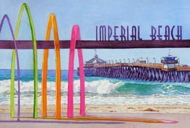 Schilderij getiteld "Imperial Beach Pier…" door Mary Helmreich, Origineel Kunstwerk, Aquarel