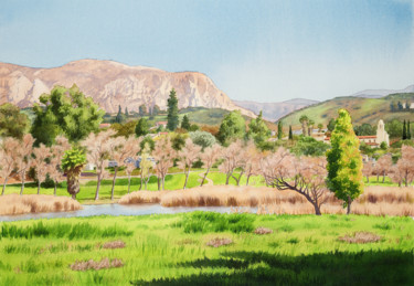 Peinture intitulée "Lakeside California" par Mary Helmreich, Œuvre d'art originale, Aquarelle