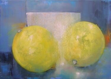 Painting titled "Two Lemon" by Maryline Mercier, Original Artwork, Oil