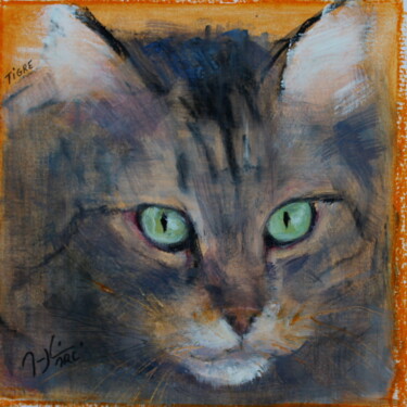 Painting titled "Tigre." by Maryline Mercier, Original Artwork, Oil Mounted on Cardboard