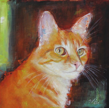 Painting titled "Le Chat" by Maryline Mercier, Original Artwork, Oil