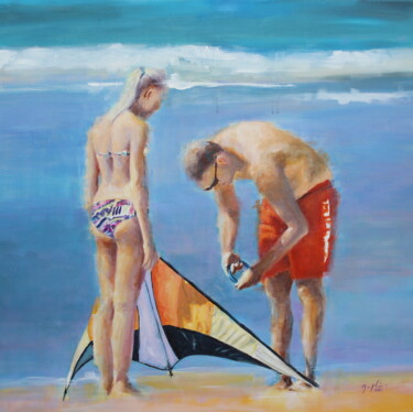 Painting titled "SUNDAY" by Maryline Mercier, Original Artwork, Oil Mounted on Wood Stretcher frame