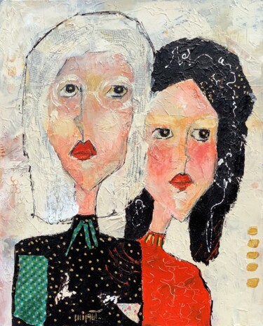 Painting titled "Les deux amies" by Maryline Rigaut, Original Artwork, Acrylic Mounted on Wood Stretcher frame