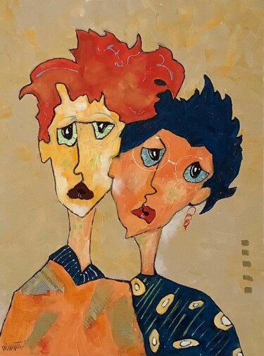 Painting titled "Duo" by Maryline Rigaut, Original Artwork, Acrylic Mounted on Wood Stretcher frame