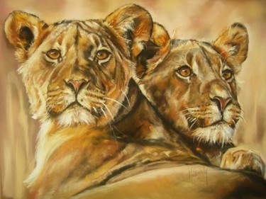 Peinture intitulée "Les lionnes" par Marylise Froehly, Œuvre d'art originale, Pastel