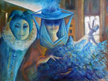 Painting titled "In the Gallery" by Mary Lozano, Original Artwork, Oil Mounted on Wood Panel