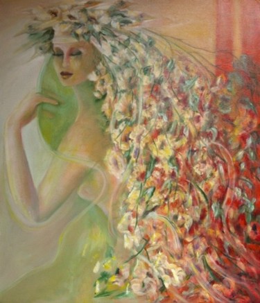 Painting titled "NUDE AUX FLEURES" by Mary Lozano, Original Artwork, Oil