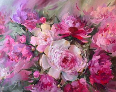 Painting titled "Peonies — oil paint…" by Maryna Hryhorenko, Original Artwork, Oil Mounted on Wood Stretcher frame