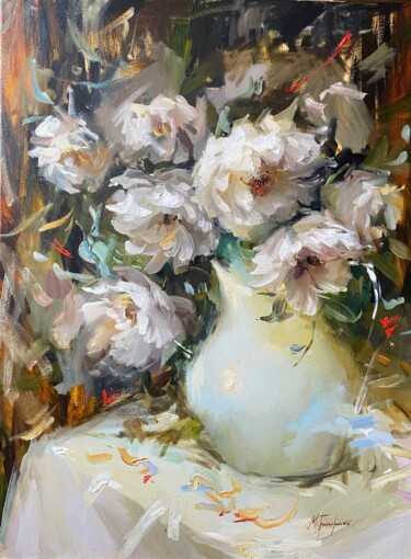 Peinture intitulée "Peonies in a vase —…" par Maryna Hryhorenko, Œuvre d'art originale, Huile Monté sur Châssis en bois
