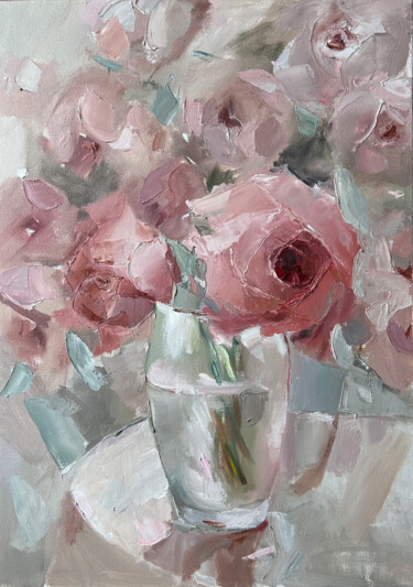 Painting titled "Roses — floral, flo…" by Maryna Hryhorenko, Original Artwork, Oil Mounted on Wood Stretcher frame