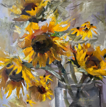 Painting titled "Ukrainian sunflower…" by Maryna Hryhorenko, Original Artwork, Oil Mounted on Wood Stretcher frame