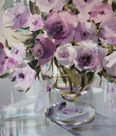 Painting titled "Purple roses— oil,…" by Maryna Hryhorenko, Original Artwork, Oil Mounted on Wood Stretcher frame
