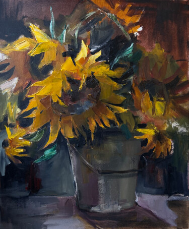 Painting titled "Sunflowers — flower…" by Maryna Hryhorenko, Original Artwork, Oil Mounted on Wood Stretcher frame