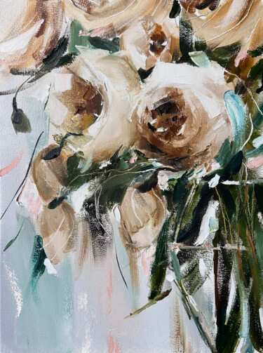 Painting titled "White roses — oil p…" by Maryna Hryhorenko, Original Artwork, Oil Mounted on Wood Stretcher frame
