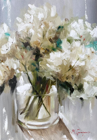 Painting titled "White bouquet — flo…" by Maryna Hryhorenko, Original Artwork, Oil Mounted on Wood Stretcher frame