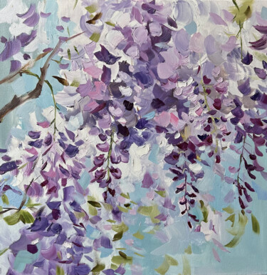 Painting titled "Wisteria —  flower…" by Maryna Hryhorenko, Original Artwork, Oil Mounted on Wood Stretcher frame