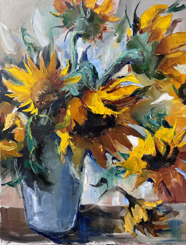 Painting titled "Sunflowers in vase…" by Maryna Hryhorenko, Original Artwork, Oil Mounted on Wood Stretcher frame