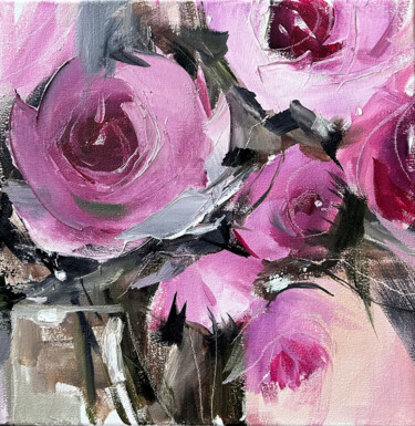 Malarstwo zatytułowany „Purple Roses  — oil…” autorstwa Maryna Hryhorenko, Oryginalna praca, Olej Zamontowany na Drewniana r…