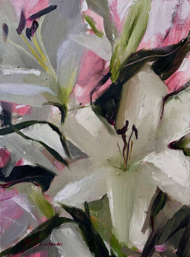 Painting titled "A bouquet of lilies…" by Maryna Hryhorenko, Original Artwork, Oil Mounted on Wood Stretcher frame