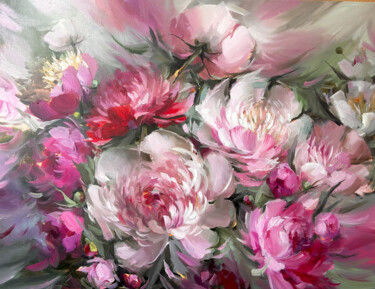 Peinture intitulée "Pink peonies — flow…" par Maryna Hryhorenko, Œuvre d'art originale, Huile Monté sur Châssis en bois