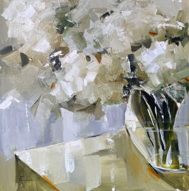 Painting titled "White bouquet — oil…" by Maryna Hryhorenko, Original Artwork, Oil Mounted on Wood Stretcher frame