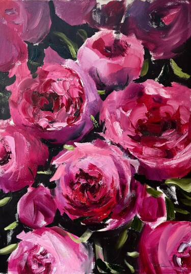 Painting titled "Pink peonies — oil…" by Maryna Hryhorenko, Original Artwork, Oil Mounted on Wood Stretcher frame