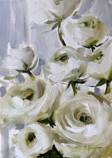Painting titled "Roses — flowers, fl…" by Maryna Hryhorenko, Original Artwork, Oil Mounted on Wood Stretcher frame