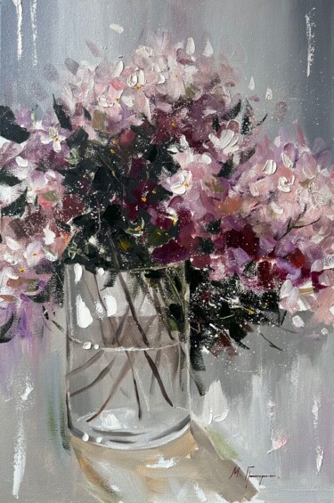 Painting titled "Hydrangeas in a vas…" by Maryna Hryhorenko, Original Artwork, Oil Mounted on Wood Stretcher frame