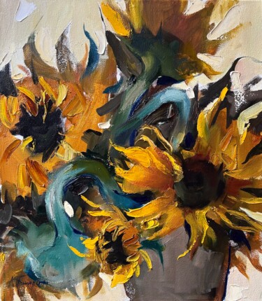 Painting titled "Sunflowers — flower…" by Maryna Hryhorenko, Original Artwork, Oil Mounted on Wood Stretcher frame