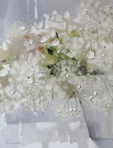 Painting titled "Hydrangea in a vase…" by Maryna Hryhorenko, Original Artwork, Oil Mounted on Wood Stretcher frame