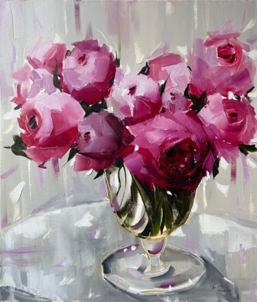 Painting titled "Pink bouquet — flow…" by Maryna Hryhorenko, Original Artwork, Oil Mounted on Wood Stretcher frame