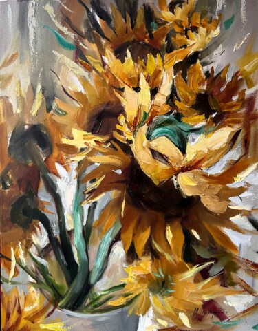 Painting titled "Bouquet of eleven s…" by Maryna Hryhorenko, Original Artwork, Oil Mounted on Wood Stretcher frame