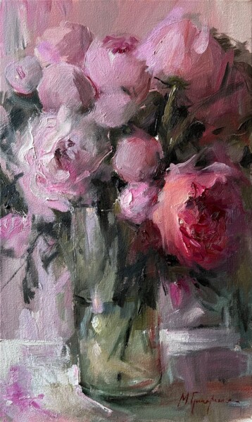Pittura intitolato "Pink peonies — flow…" da Maryna Hryhorenko, Opera d'arte originale, Olio Montato su Telaio per barella i…