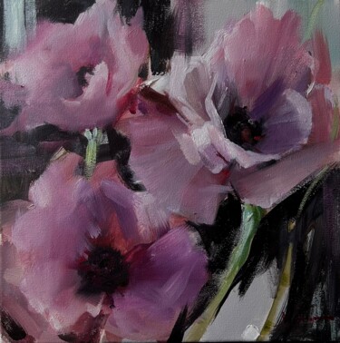 Painting titled "Three peonies" by Maryna Hryhorenko, Original Artwork, Oil Mounted on Wood Stretcher frame