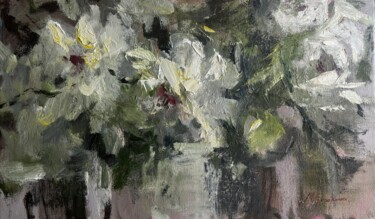 Painting titled "Bouquet of white pe…" by Maryna Hryhorenko, Original Artwork, Oil
