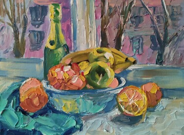 Painting titled "Champagne and fruit" by Maryna Kliuiko, Original Artwork, Oil Mounted on Cardboard