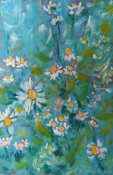 Painting titled "Chamomile coolness" by Maryna Kliuiko, Original Artwork, Oil
