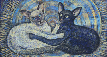 Dessin intitulée "Cosmic cats" par Maryna Novohorodska, Œuvre d'art originale, Pastel