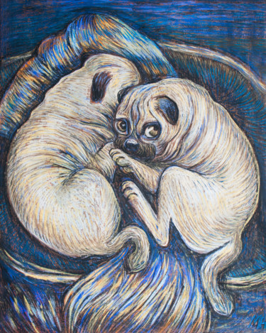 Dibujo titulada "Pugs" por Maryna Novohorodska, Obra de arte original, Pastel