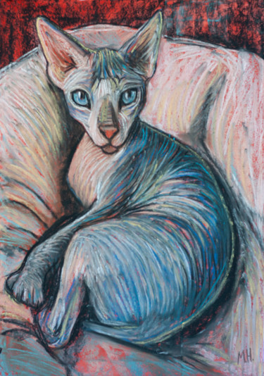 Drawing titled "Sphynx cat" by Maryna Novohorodska, Original Artwork, Pastel