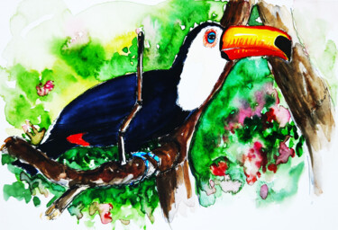 Painting titled "Toucan" by Maryna Pohorielko, Original Artwork, Watercolor