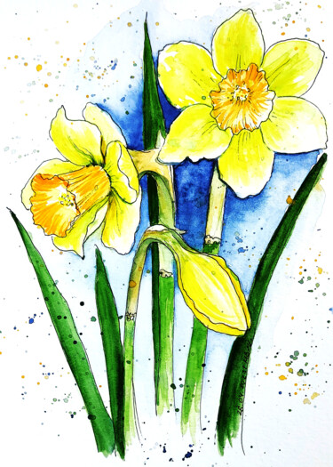 Painting titled "Yellow daffodils" by Maryna Pohorielko, Original Artwork, Watercolor